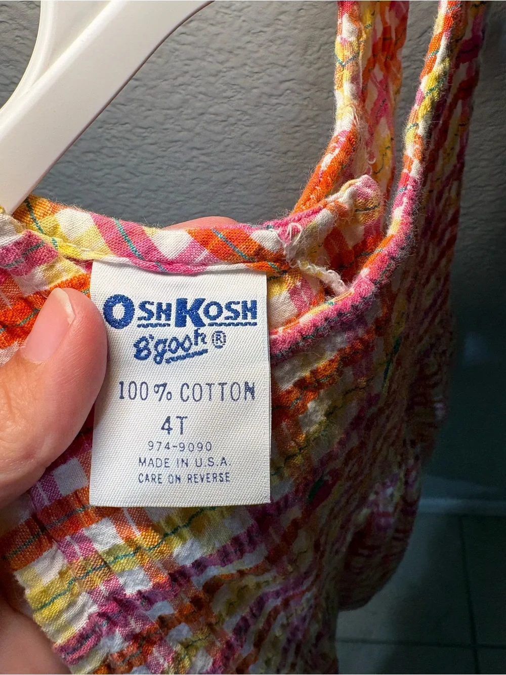 VTG OshKosh Dress Girls 4t Plaid Fruit Seersucker Pinafore Jumper  1990s